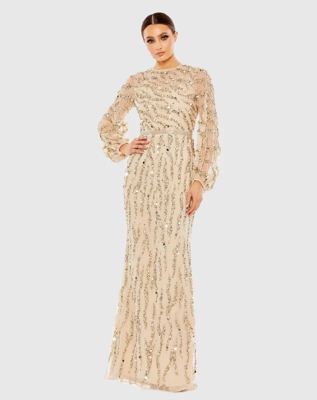 Maxi dresses with a gathered skirt for a voluminous and dramatic effectEmbellished High Neck Puff Sleeve Trumpet Gown Maxi dresses with a gathered skirt for a voluminous and dramatic effectEmbellished High Neck Puff Sleeve Trumpet Gown