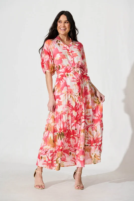 Maxi dresses with a gathered skirt for a voluminous and dramatic effectBuon Giorno Maxi Shirt Dress in Red with Multi Floral Print Maxi dresses with a gathered skirt for a voluminous and dramatic effectBuon Giorno Maxi Shirt Dress in Red with Multi Floral Print
