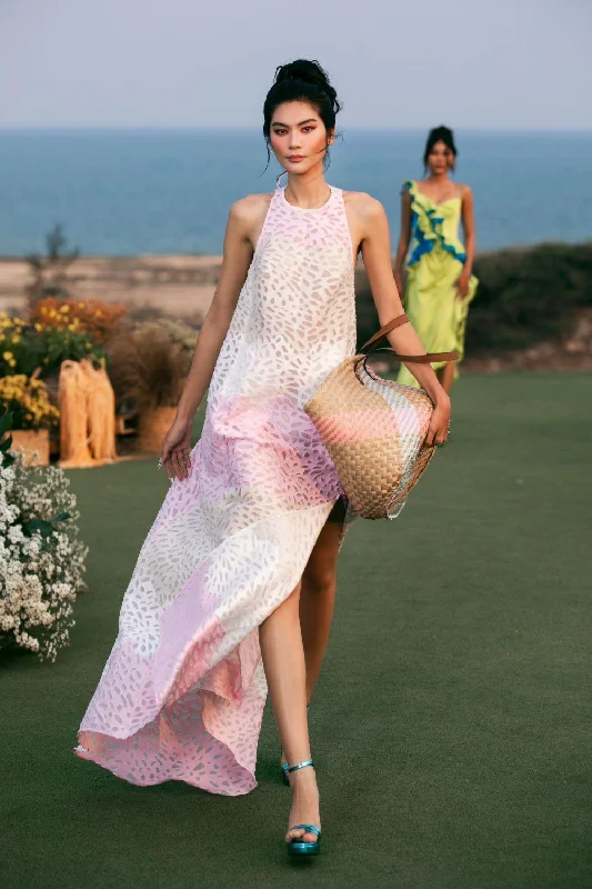 Maxi dresses with cut - out details on the sides for a modern edgeCeleste Slit Halter Neck Brocade Organza Maxi Dress Maxi dresses with cut - out details on the sides for a modern edgeCeleste Slit Halter Neck Brocade Organza Maxi Dress