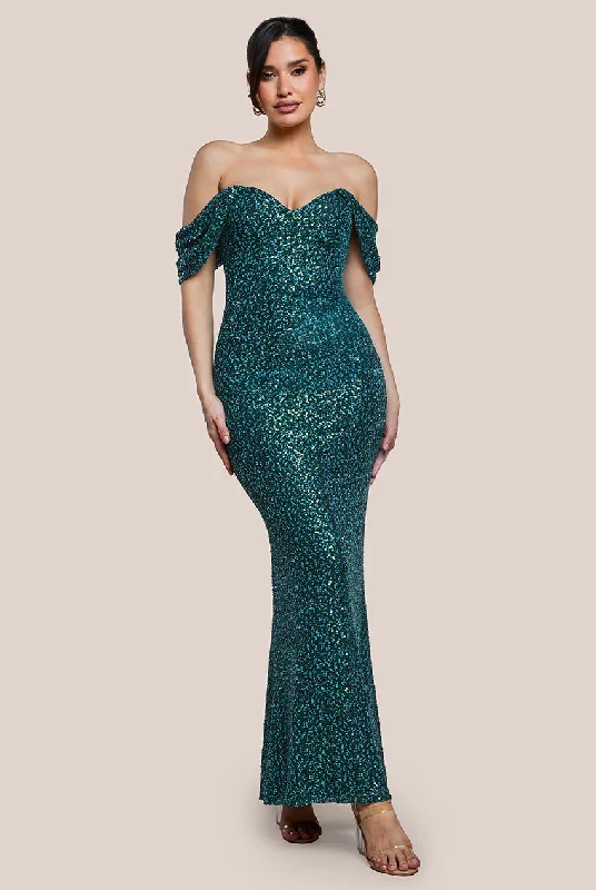 Maxi dresses with a cinched waist for a defined silhouetteGoddiva Off The Shoulder Sequin Wing Maxi - Emerald Green Maxi dresses with a cinched waist for a defined silhouetteGoddiva Off The Shoulder Sequin Wing Maxi - Emerald Green