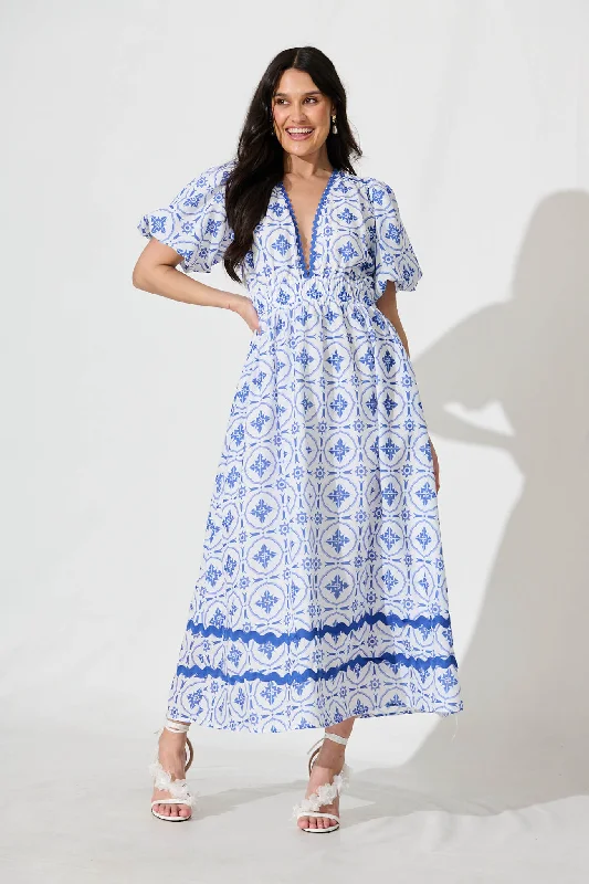 Maxi dresses with one - shoulder designs for a stylish and asymmetric lookIndi Maxi Dress in White with Blue Tile Linen Blend Maxi dresses with one - shoulder designs for a stylish and asymmetric lookIndi Maxi Dress in White with Blue Tile Linen Blend