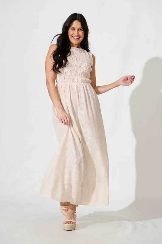 Maxi dresses with mesh panels for a sexy and trendy appearanceIonia Maxi Dress in Beige and White Gingham Maxi dresses with mesh panels for a sexy and trendy appearanceIonia Maxi Dress in Beige and White Gingham