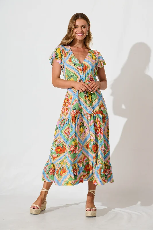 Floral print maxi dresses for summer garden partiesKarlene Maxi Dress In Multi Tile Print Floral print maxi dresses for summer garden partiesKarlene Maxi Dress In Multi Tile Print