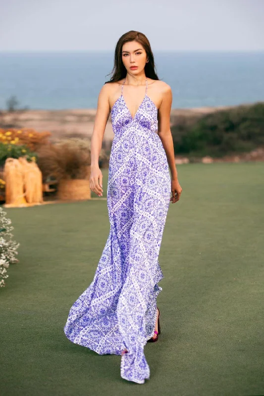 Maxi dresses with an asymmetric hem for a fashion - forward and eye - catching designLena Empire Halter Neck Latin Silk Maxi Dress Maxi dresses with an asymmetric hem for a fashion - forward and eye - catching designLena Empire Halter Neck Latin Silk Maxi Dress