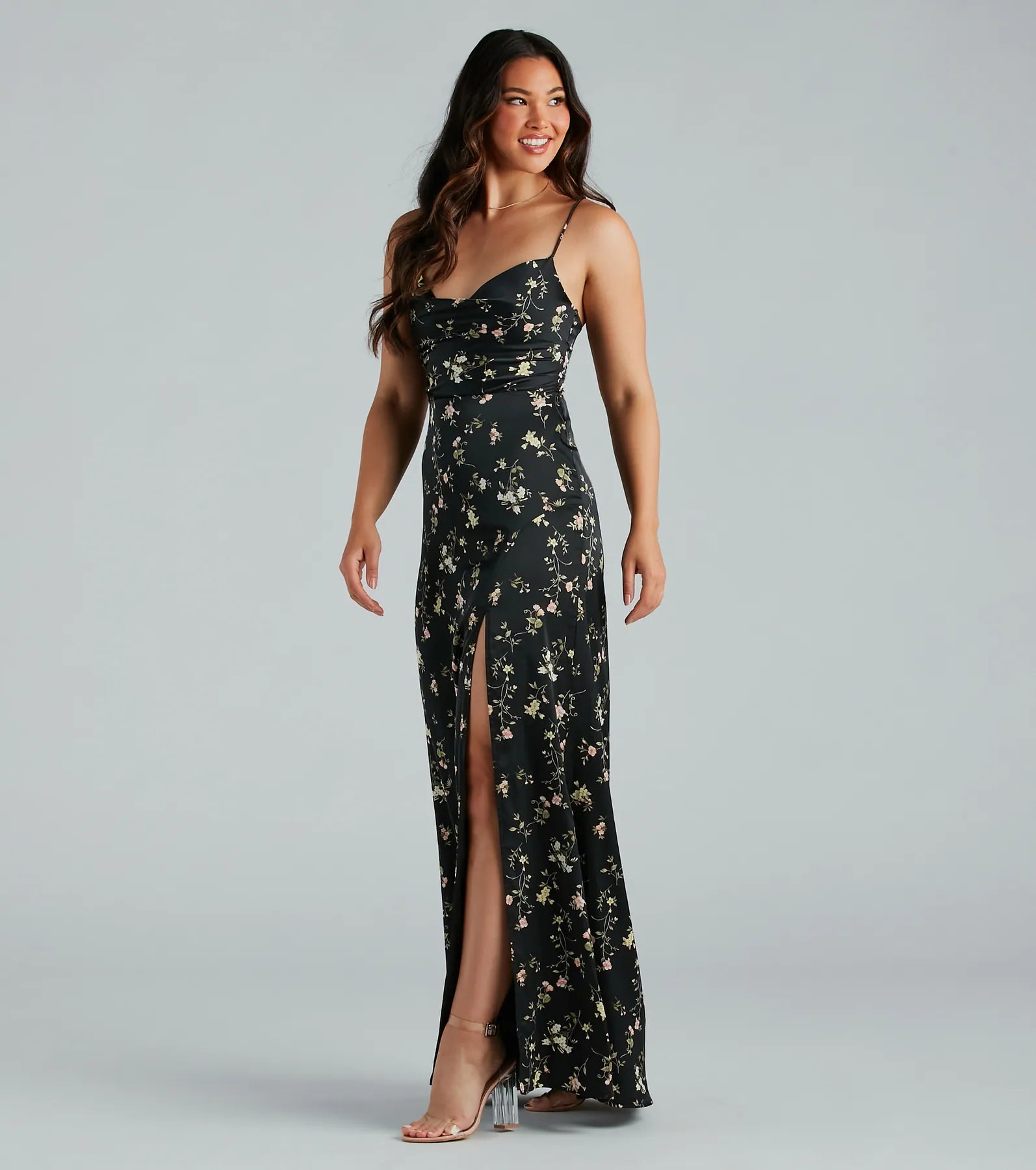 Satin maxi dresses with a high - low hem for a modern twistMackenzie Formal Satin Floral Lace-Up Dress Satin maxi dresses with a high - low hem for a modern twistMackenzie Formal Satin Floral Lace-Up Dress