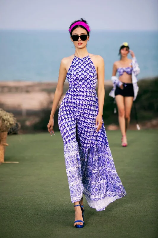Maxi dresses with cut - out details on the sides for a modern edgeMadilyn Halter Flared Latin Silk Maxi Dress Maxi dresses with cut - out details on the sides for a modern edgeMadilyn Halter Flared Latin Silk Maxi Dress