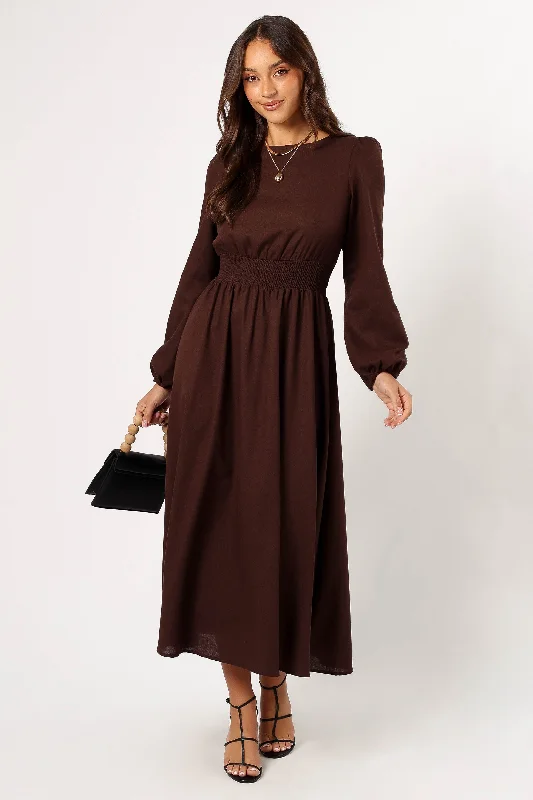 Maxi dresses with a button - down front for a classic lookRoman Long Sleeve Maxi Dress - Brown Maxi dresses with a button - down front for a classic lookRoman Long Sleeve Maxi Dress - Brown