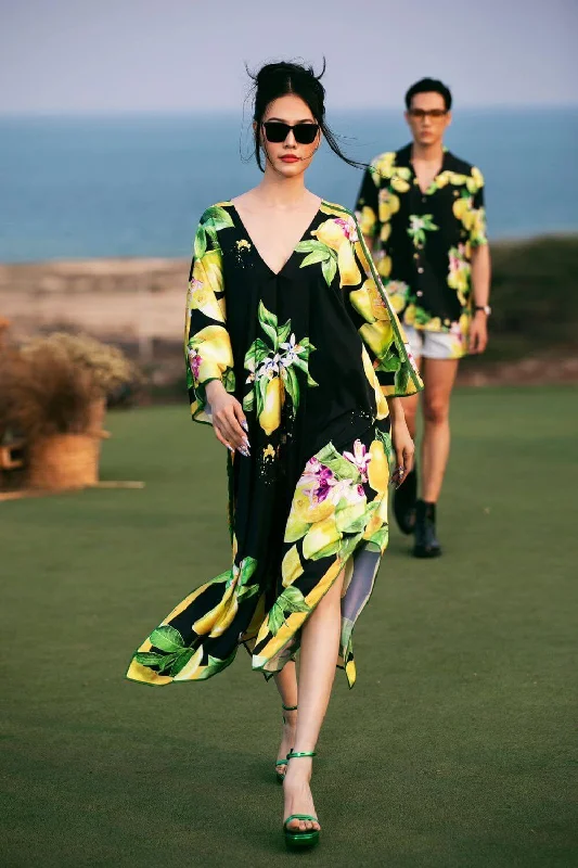 Floral print maxi dresses for summer garden partiesVivian Tunic V-Neck Latin Silk Maxi Dress Floral print maxi dresses for summer garden partiesVivian Tunic V-Neck Latin Silk Maxi Dress