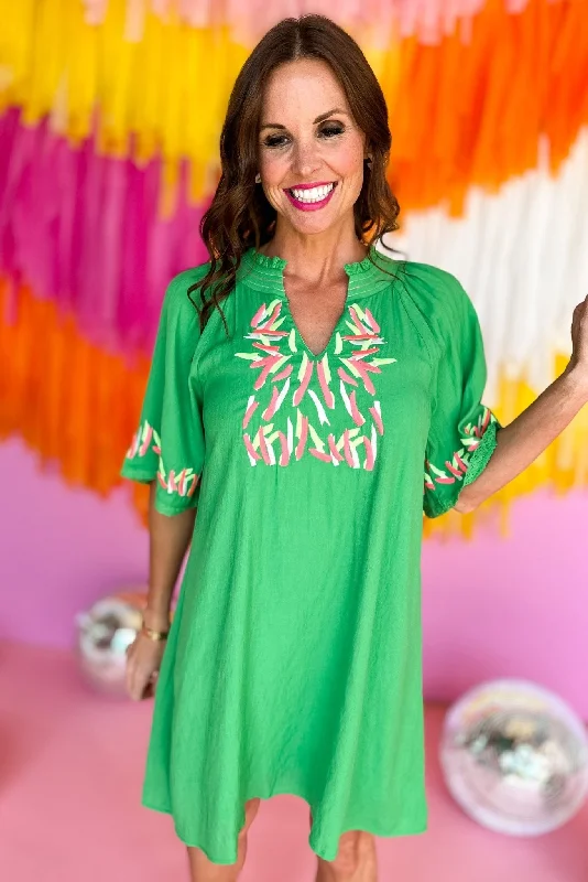 Mini dresses with belted waists for a defined silhouetteGreen Colorful Confetti Embroidery V Neck Dress Mini dresses with belted waists for a defined silhouetteGreen Colorful Confetti Embroidery V Neck Dress