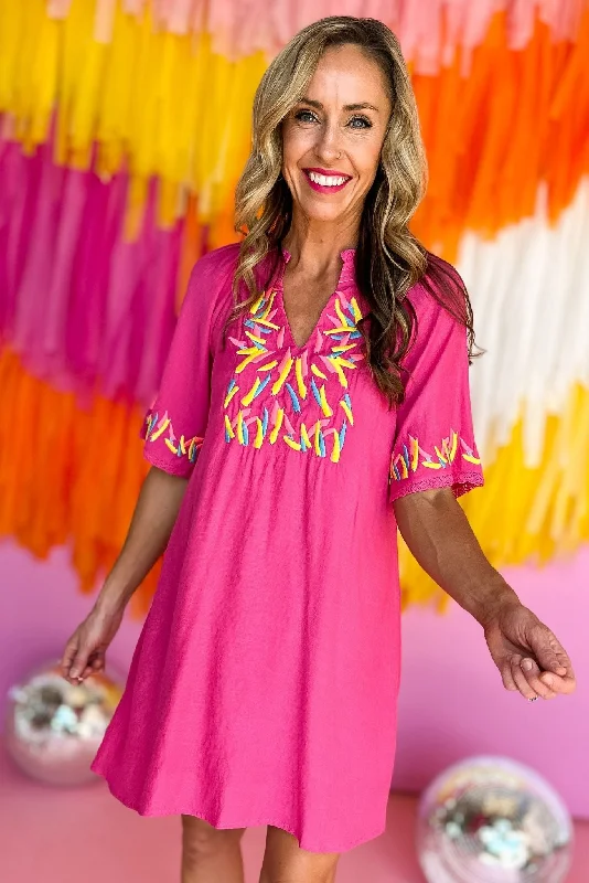Mini dresses with patchwork designs for a unique styleHot Pink Colorful Confetti Embroidery V Neck Dress Mini dresses with patchwork designs for a unique styleHot Pink Colorful Confetti Embroidery V Neck Dress