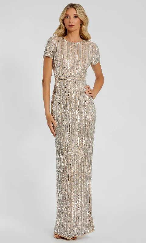 Bow - backed wedding guest dresses in silk for a luxurious feelMac Duggal 93829 - Jewel Neck Linear Sequin Formal Dress Bow - backed wedding guest dresses in silk for a luxurious feelMac Duggal 93829 - Jewel Neck Linear Sequin Formal Dress