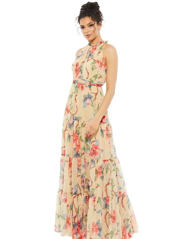 Sleeveless wedding guest dresses with ruffled hemsMac Duggal 70203 Long Formal Halter Floral Dress Sleeveless wedding guest dresses with ruffled hemsMac Duggal 70203 Long Formal Halter Floral Dress