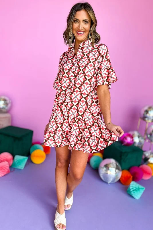 Mini dresses with fringe for a bohemian stylePink Geometric Print Button Front Skirted Dress Mini dresses with fringe for a bohemian stylePink Geometric Print Button Front Skirted Dress