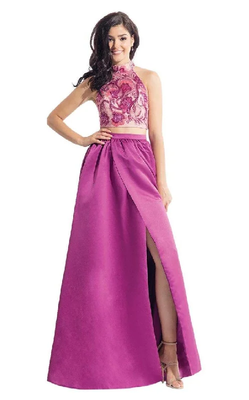 Satin wedding guest dresses with side slits for a sexy touchRachel Allan Prom Long Two Piece Halter Dress 6014 Satin wedding guest dresses with side slits for a sexy touchRachel Allan Prom Long Two Piece Halter Dress 6014