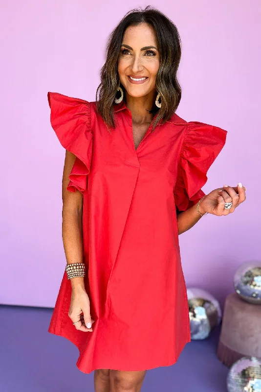 Mini dresses with beaded embellishments for a fancy eventSSYS Red Ruffle Shoulder Poplin Dress Mini dresses with beaded embellishments for a fancy eventSSYS Red Ruffle Shoulder Poplin Dress
