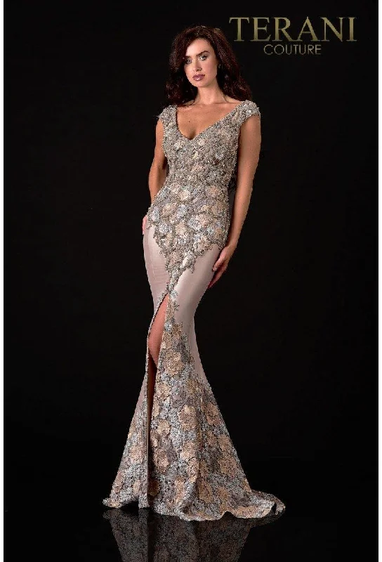 Wedding guest dresses with cold - shoulder ruffled sleeves and knee - length hemsTerani Couture 2111M5302 A-Line Long Formal Dress Wedding guest dresses with cold - shoulder ruffled sleeves and knee - length hemsTerani Couture 2111M5302 A-Line Long Formal Dress