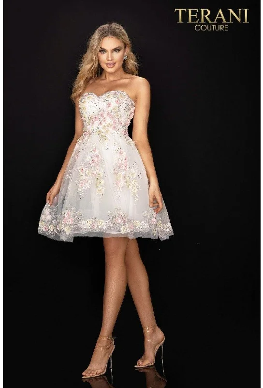 Wedding guest dresses with high - low hems and floral appliquesTerani Couture 2011P1025 Floral Prom Short Dress Wedding guest dresses with high - low hems and floral appliquesTerani Couture 2011P1025 Floral Prom Short Dress