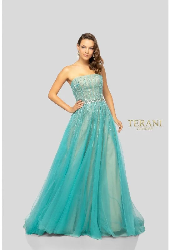 A - line cocktail wedding guest dresses in pastel colorsTerani Couture 1912P8557 Strapless Long Prom Dress A - line cocktail wedding guest dresses in pastel colorsTerani Couture 1912P8557 Strapless Long Prom Dress