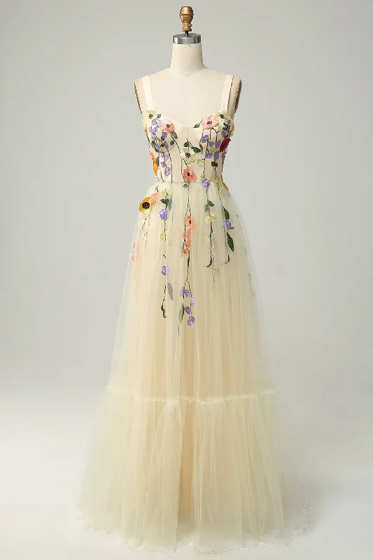 Cocktail dresses with a mesh panel and a high - neck designA Line Spaghetti Straps Champagne Long Prom Dress with Appliques Cocktail dresses with a mesh panel and a high - neck designA Line Spaghetti Straps Champagne Long Prom Dress with Appliques