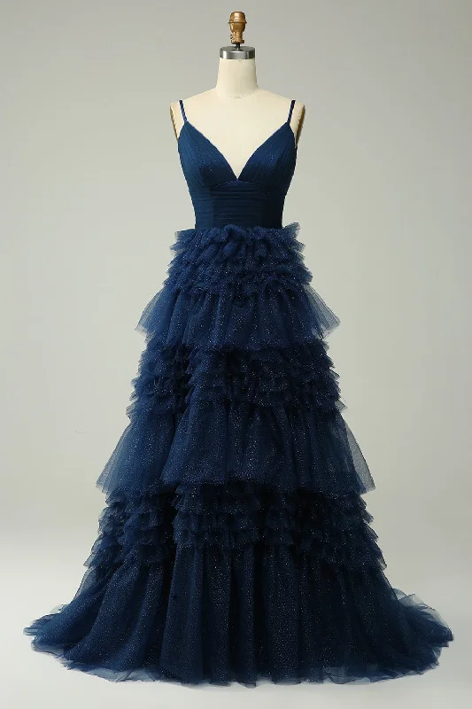 Mini cocktail dresses with a cold - shoulder ruffled sleeveA Line Spaghetti Straps Navy Long Prom Dress with Ruffles Mini cocktail dresses with a cold - shoulder ruffled sleeveA Line Spaghetti Straps Navy Long Prom Dress with Ruffles