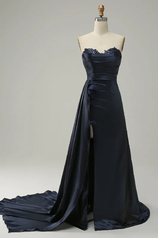 Printed cocktail dresses with geometric patterns for a contemporary aestheticA Line Sweetheart Navy Long Prom Dress with Split Front Printed cocktail dresses with geometric patterns for a contemporary aestheticA Line Sweetheart Navy Long Prom Dress with Split Front
