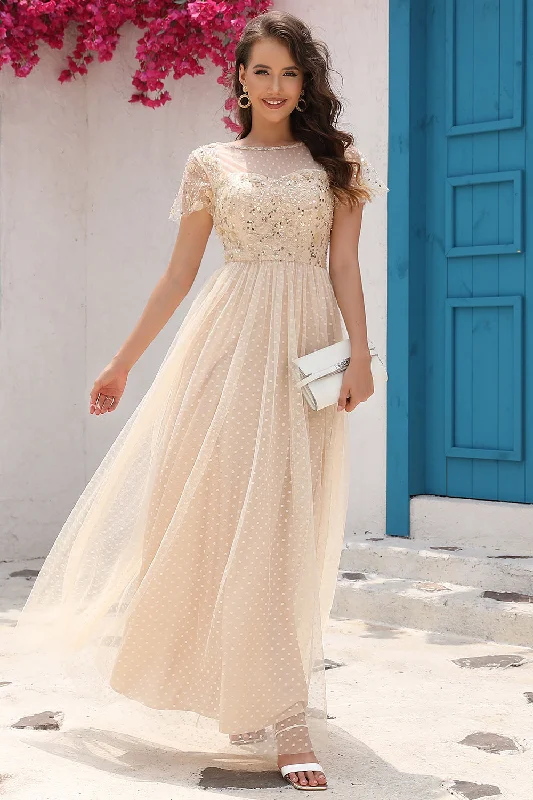 Sheer cocktail dresses with a lining and a short hemA Line Tulle Apricot Sequins Formal Prom Dress with Appliques Sheer cocktail dresses with a lining and a short hemA Line Tulle Apricot Sequins Formal Prom Dress with Appliques