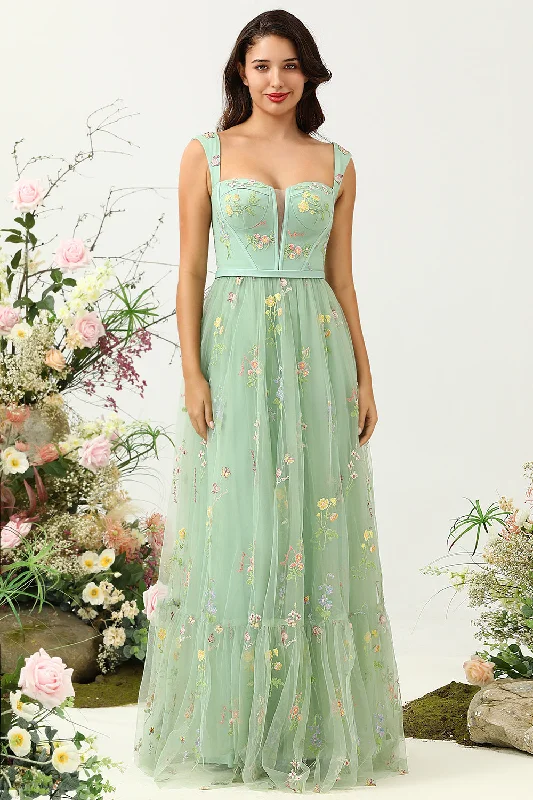 Ruffled cocktail dresses with a knee - length hem for a feminine appealGorgeous A-Line Square Neck Green Long Prom Dress with Embroidery Ruffled cocktail dresses with a knee - length hem for a feminine appealGorgeous A-Line Square Neck Green Long Prom Dress with Embroidery