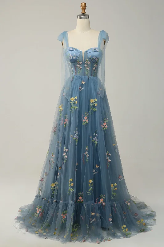 Geometric - printed cocktail dresses with a long - sleeve optionGrey Blue Tulle A Line Corset Prom Dress with Embroidery Geometric - printed cocktail dresses with a long - sleeve optionGrey Blue Tulle A Line Corset Prom Dress with Embroidery