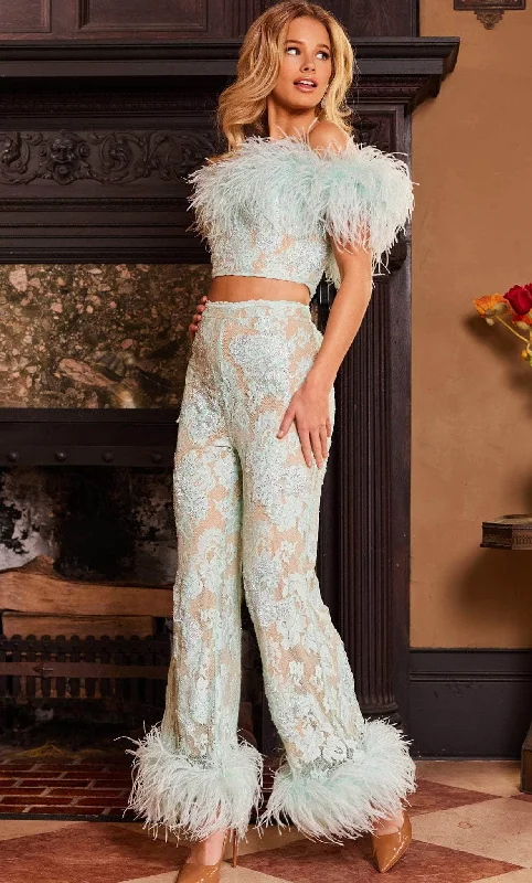 Prom dresses with one - shoulder ruffled straps and geometric patterns for a contemporary and eye - catching formal eventJovani 22350 - Two Piece Off-Shoulder Pant Suit Prom dresses with one - shoulder ruffled straps and geometric patterns for a contemporary and eye - catching formal eventJovani 22350 - Two Piece Off-Shoulder Pant Suit