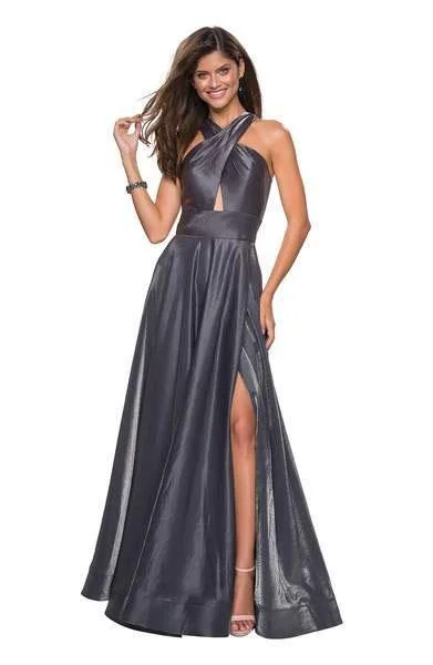 A - line formal dresses with beaded lace appliques for formal eventsLa Femme - 27151 Crisscross Halter Cutout Long Gown A - line formal dresses with beaded lace appliques for formal eventsLa Femme - 27151 Crisscross Halter Cutout Long Gown