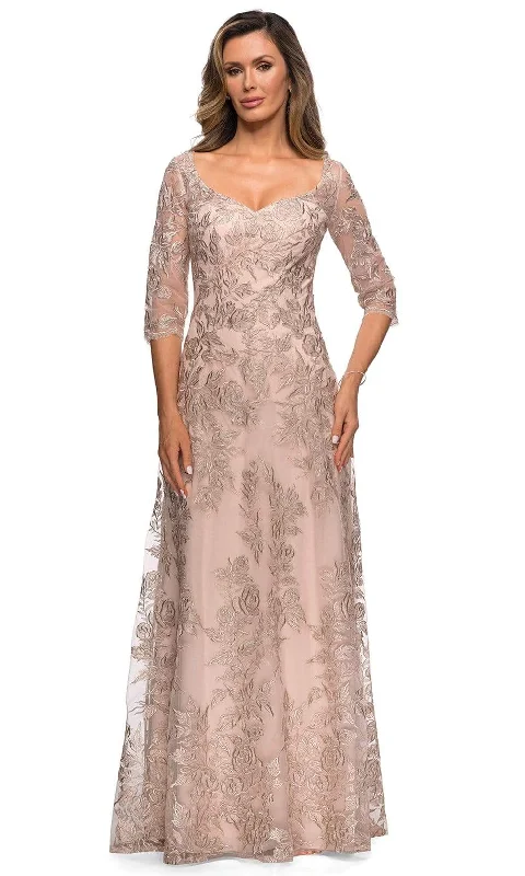 Sequined formal dresses with open backs for a sexy prom styleLa Femme - 28053 Lace V Neck A-line Dress Sequined formal dresses with open backs for a sexy prom styleLa Femme - 28053 Lace V Neck A-line Dress