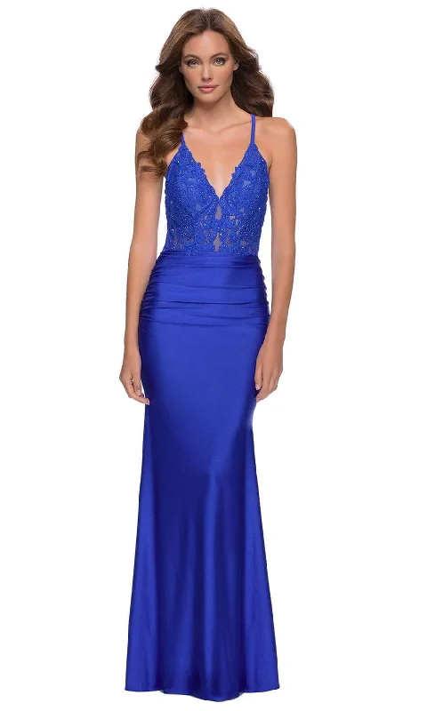 Prom dresses with pom - pom - decorated hems and cotton - blend fabrics for a playful and comfortable formal styleLa Femme - 29688 Jersey Lace Plunging V Neck Dress Prom dresses with pom - pom - decorated hems and cotton - blend fabrics for a playful and comfortable formal styleLa Femme - 29688 Jersey Lace Plunging V Neck Dress