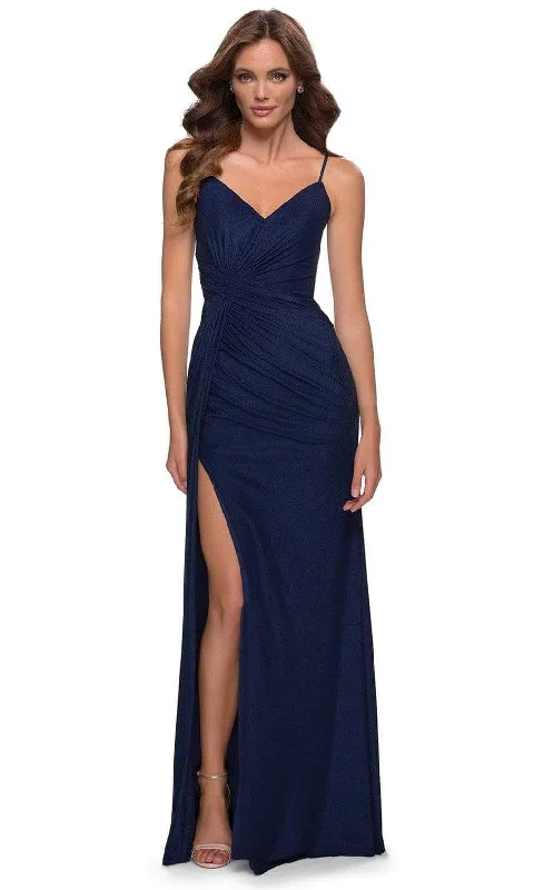 Prom dresses with gathered skirts and crystal - encrusted belts for a luxurious promLa Femme - 29699 Net Jersey V Neck Dress With Slit Prom dresses with gathered skirts and crystal - encrusted belts for a luxurious promLa Femme - 29699 Net Jersey V Neck Dress With Slit