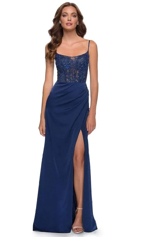 Formal dresses with ruffled skirts and bow accents for a charming prom appearanceLa Femme - 29888 Scoop Laced A-Line Simple Prom Evening Gown Formal dresses with ruffled skirts and bow accents for a charming prom appearanceLa Femme - 29888 Scoop Laced A-Line Simple Prom Evening Gown