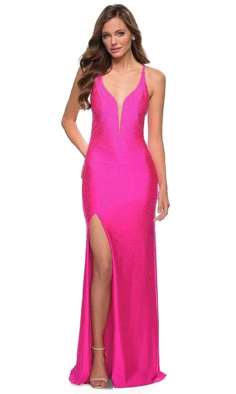 Formal dresses with halter necks and lace - up backs for a stylish promLa Femme - 29969 Low V-Neck Beaded Simple Prom Long Gown Formal dresses with halter necks and lace - up backs for a stylish promLa Femme - 29969 Low V-Neck Beaded Simple Prom Long Gown