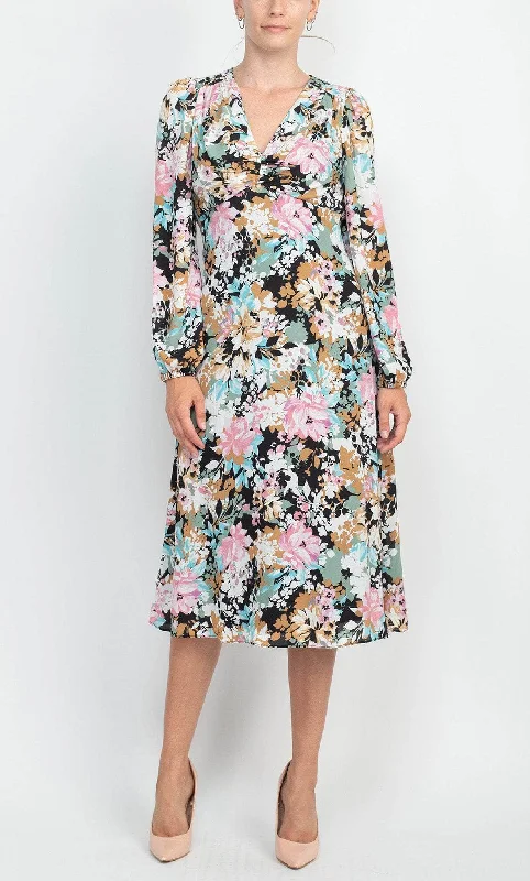 Cocktail dresses with a wrap - front style and a long - length optionLondon Times T6080M - Printed Floral Empire Midi Dress Cocktail dresses with a wrap - front style and a long - length optionLondon Times T6080M - Printed Floral Empire Midi Dress