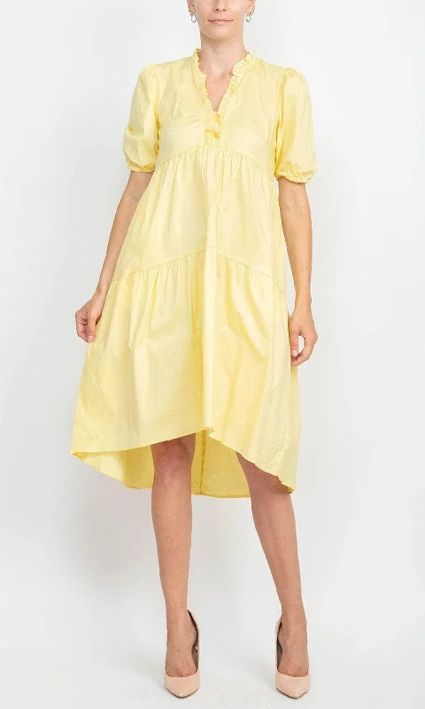 Plaid cocktail dresses with a flared skirt for a classic feelLondon Times T6166M - Short Puff Sleeve High Low Hem Dress Plaid cocktail dresses with a flared skirt for a classic feelLondon Times T6166M - Short Puff Sleeve High Low Hem Dress