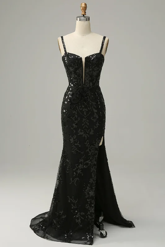 Cocktail dresses with a wrap - around style and a belted waistMermaid Spaghetti Straps Black Sequins Long Prom Dress with Split Front Cocktail dresses with a wrap - around style and a belted waistMermaid Spaghetti Straps Black Sequins Long Prom Dress with Split Front
