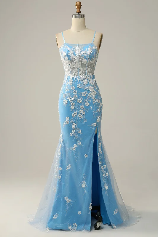 Metallic cocktail dresses with a halter neck for a glamorous occasionMermaid Spaghetti Straps Blue Long Prom Dress with Appliques Metallic cocktail dresses with a halter neck for a glamorous occasionMermaid Spaghetti Straps Blue Long Prom Dress with Appliques