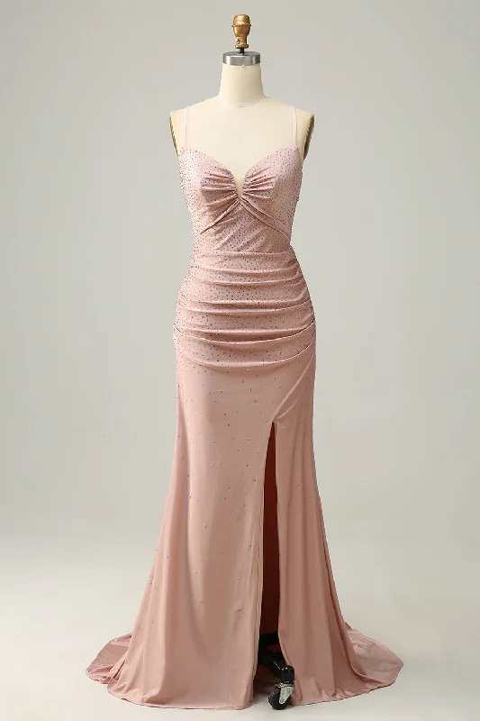 Satin cocktail dresses with a high - low hem for a modern touchMermaid Spaghetti Straps Blush Long Prom Dress with Beading Satin cocktail dresses with a high - low hem for a modern touchMermaid Spaghetti Straps Blush Long Prom Dress with Beading