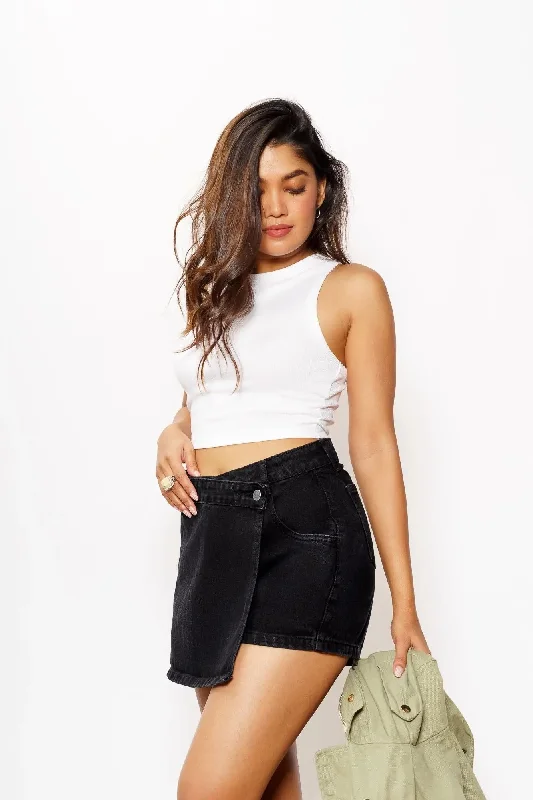 High - Waisted Women Shorts for a Retro and Flattering LookAsymmetric Waist Charcoal Denim Skorts High - Waisted Women Shorts for a Retro and Flattering LookAsymmetric Waist Charcoal Denim Skorts