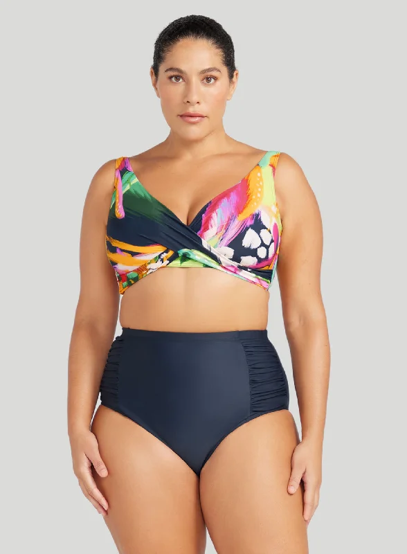 Ruched bikini with fabric gathers for a slimming effectArtesands: Hues Botticelli High Waisted Swim Pant Navy Ruched bikini with fabric gathers for a slimming effectArtesands: Hues Botticelli High Waisted Swim Pant Navy