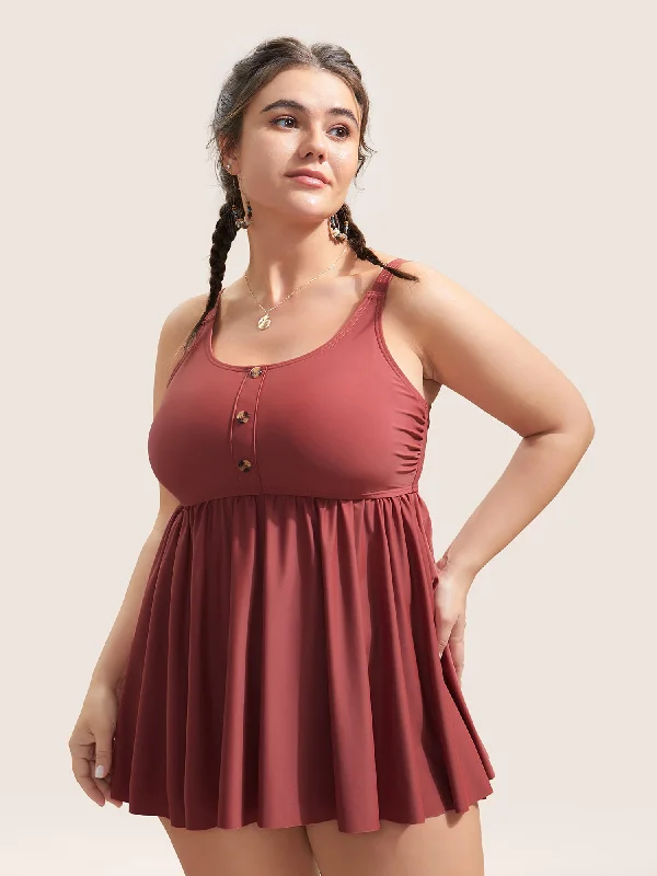 Plain Gathered Button Detail Swim Top