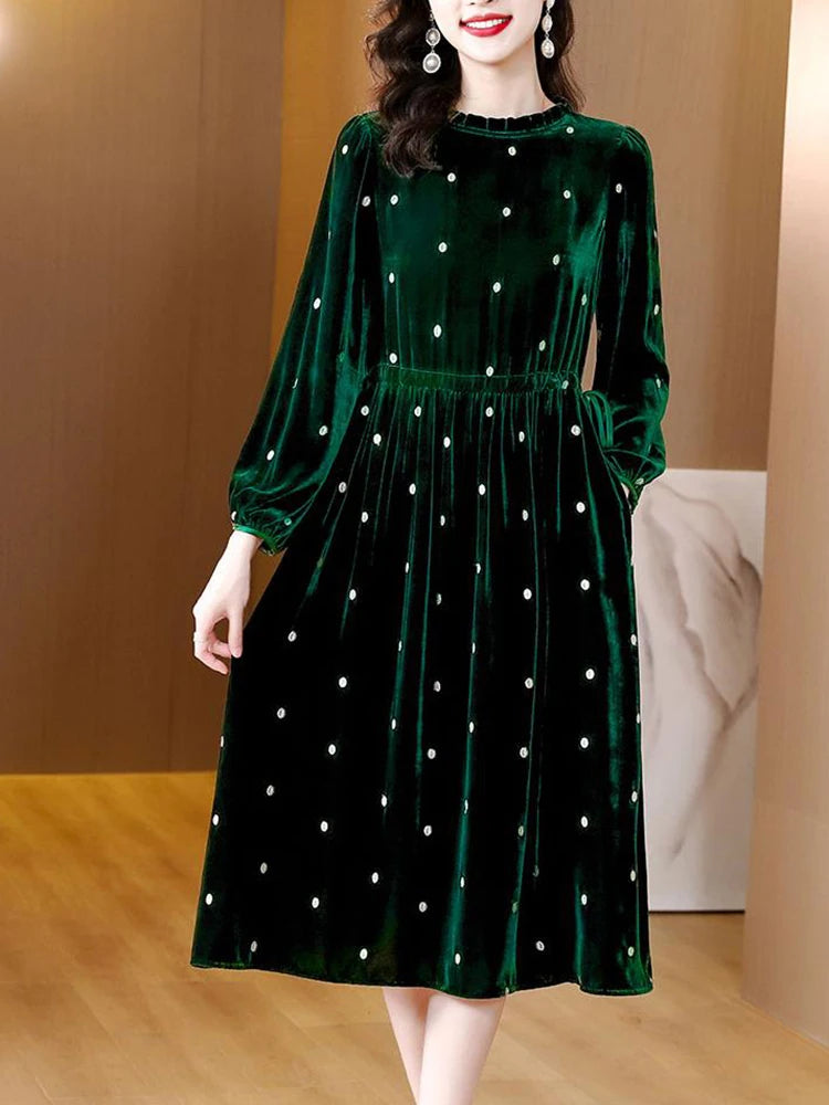 Maternity Bodysuits for Expecting Mothers' ComfortPolka Dot Ruffled Neck Velvet Midi Dress Maternity Bodysuits for Expecting Mothers' ComfortPolka Dot Ruffled Neck Velvet Midi Dress