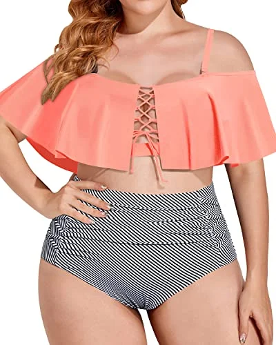 Lace - trimmed bikini for an elegant and romantic touchAlluring Plus Size Lace Up Bikini Adjustable Straps For Big Bust-Coral Pink Stripe Lace - trimmed bikini for an elegant and romantic touchAlluring Plus Size Lace Up Bikini Adjustable Straps For Big Bust-Coral Pink Stripe