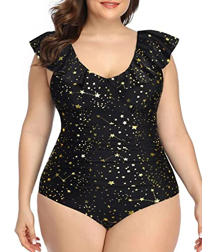 Tropical - themed bikini for a vacation - ready beach outfitCute Ruffled Falbala Plus Size One Piece Swimsuit For Women-Gold Stars Tropical - themed bikini for a vacation - ready beach outfitCute Ruffled Falbala Plus Size One Piece Swimsuit For Women-Gold Stars