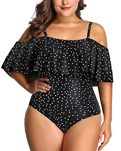 Striped bikini with a classic pattern for a timeless beach aestheticTrendy Flounce Off Shoulder Bathing Suit For Women Plus Size One Piece-Black White Dot Striped bikini with a classic pattern for a timeless beach aestheticTrendy Flounce Off Shoulder Bathing Suit For Women Plus Size One Piece-Black White Dot