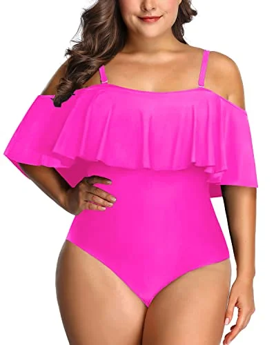 High - waisted bikini for a retro and tummy - flattering lookCute Off Shoulder Flounce Swimwear For Women Plus Size One Piece-Neon Pink High - waisted bikini for a retro and tummy - flattering lookCute Off Shoulder Flounce Swimwear For Women Plus Size One Piece-Neon Pink