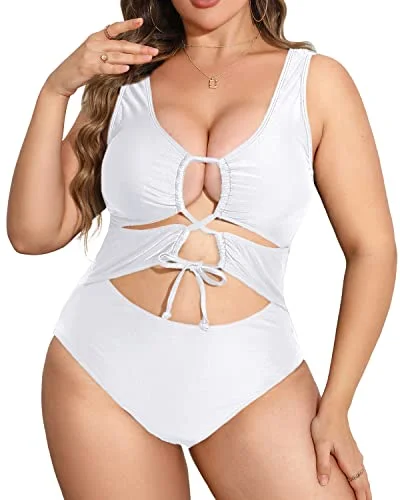 Ruched bikini with fabric gathers for a slimming effectWomen High Waisted Plus Size Cutout One Piece Swimwear For Women-White Ruched bikini with fabric gathers for a slimming effectWomen High Waisted Plus Size Cutout One Piece Swimwear For Women-White
