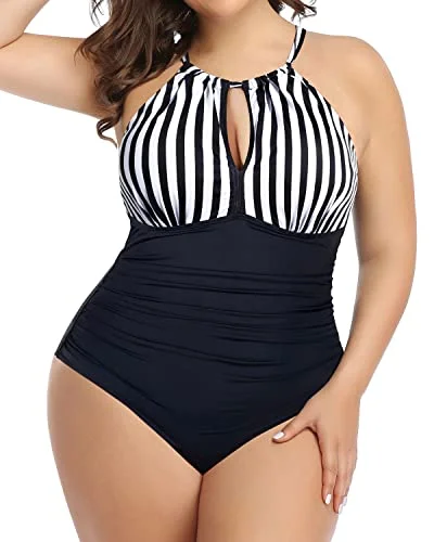 Striped bikini with a classic pattern for a timeless beach aestheticChic High Neck Plunge Swimsuit Mesh Cutouts For Plus Size Women-Black And White Stripe Striped bikini with a classic pattern for a timeless beach aestheticChic High Neck Plunge Swimsuit Mesh Cutouts For Plus Size Women-Black And White Stripe